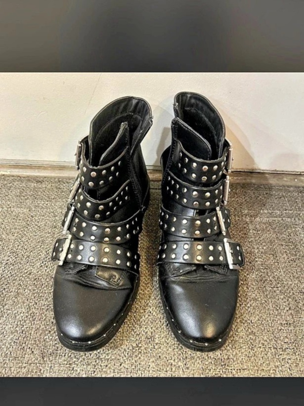 Studded Buckle Ankle Boots in Black